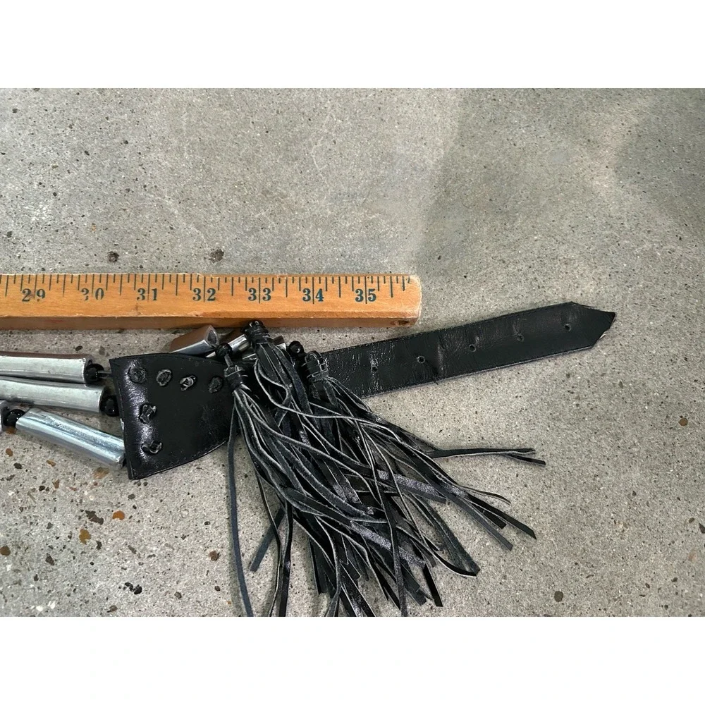 Barrel Bead & Tassel Black Leather Belt Boho Festival Biker Punk‎ 34-40